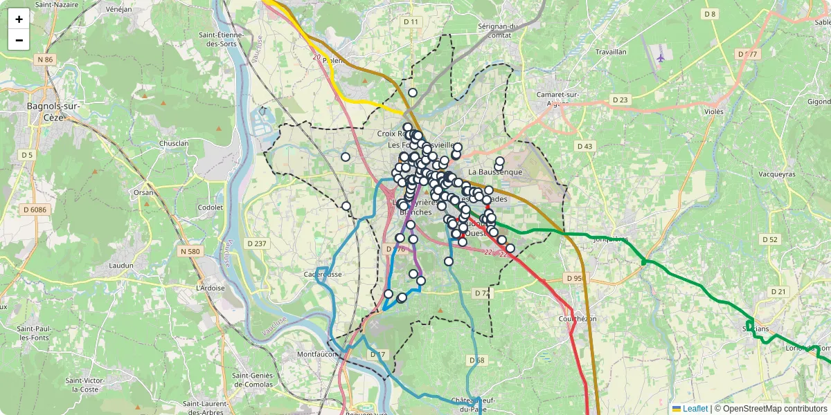 Carte du réseau de transport en commun à Orange - lignes de bus et arrêts
