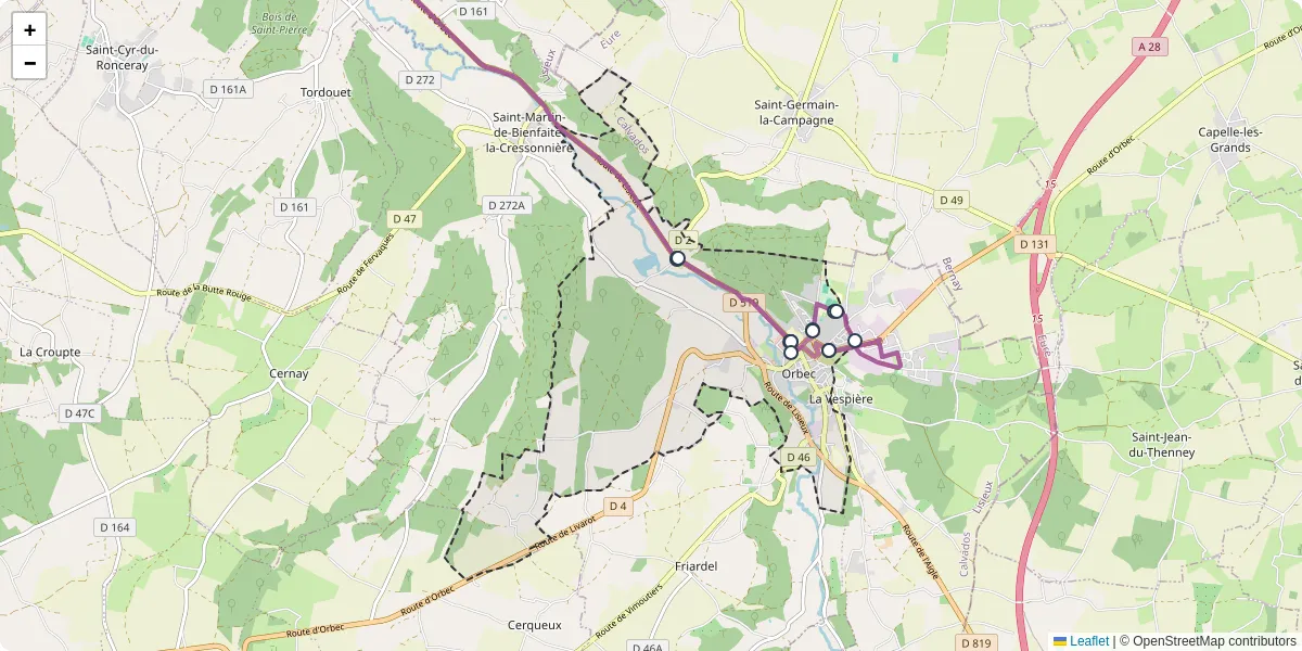 Carte du réseau de transport en commun à Orbec - lignes de bus et arrêts