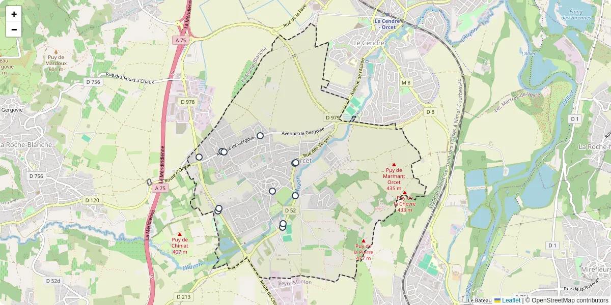 Carte du réseau de transport en commun à Orcet - lignes de bus et arrêts