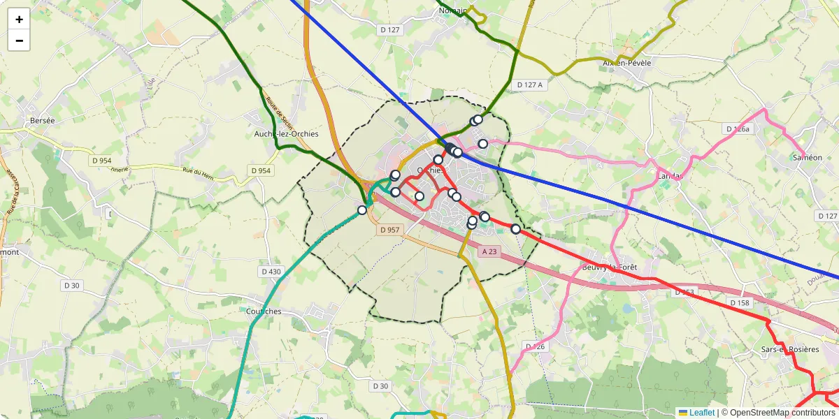 Carte du réseau de transport en commun à Orchies - lignes de bus et arrêts