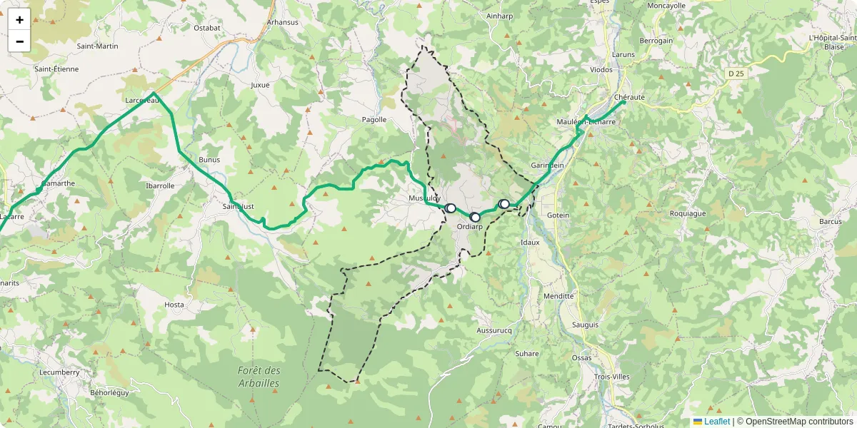 Carte du réseau de transport en commun à Ordiarp - lignes de bus et arrêts