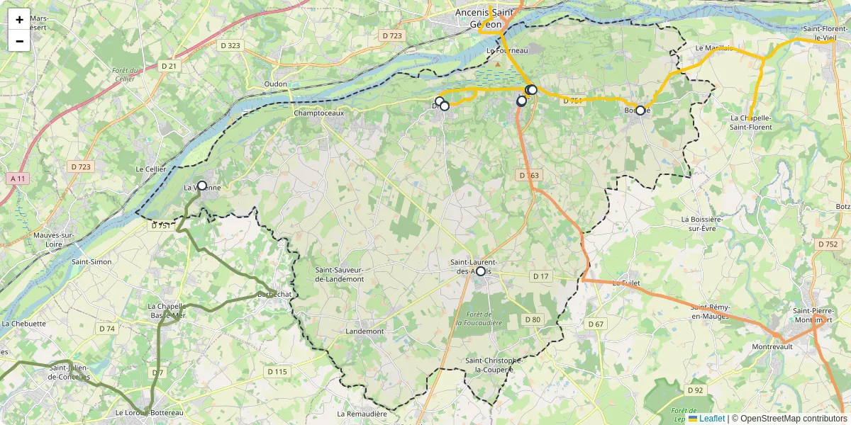 Carte du réseau de transport en commun à Orée d'Anjou - lignes de bus et arrêts