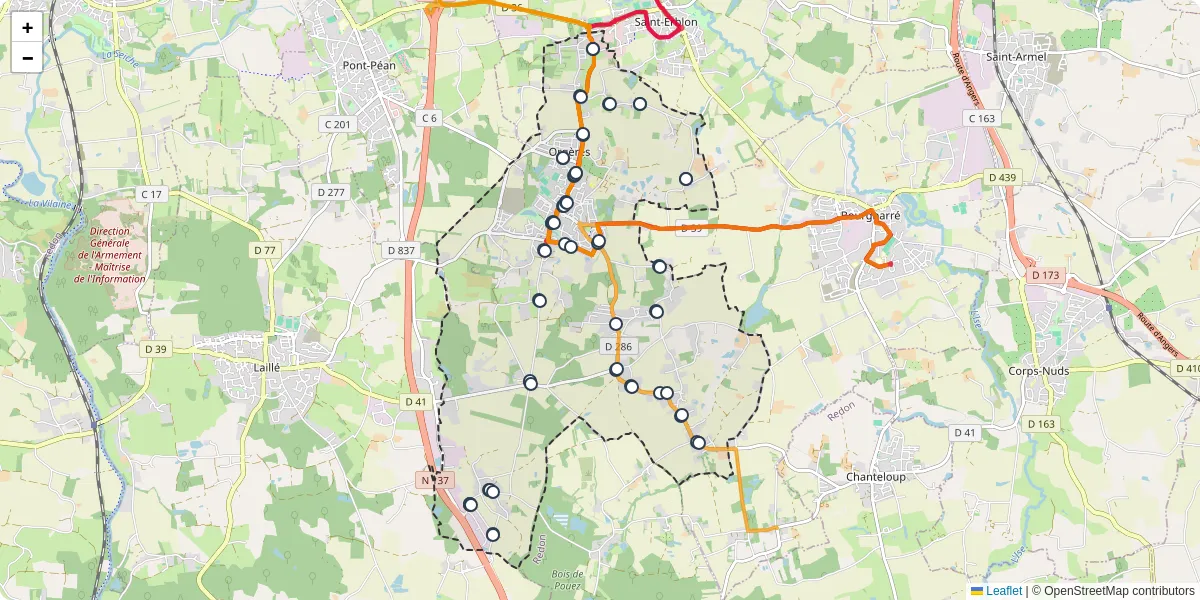Carte du réseau de transport en commun à Orgères - lignes de bus et arrêts