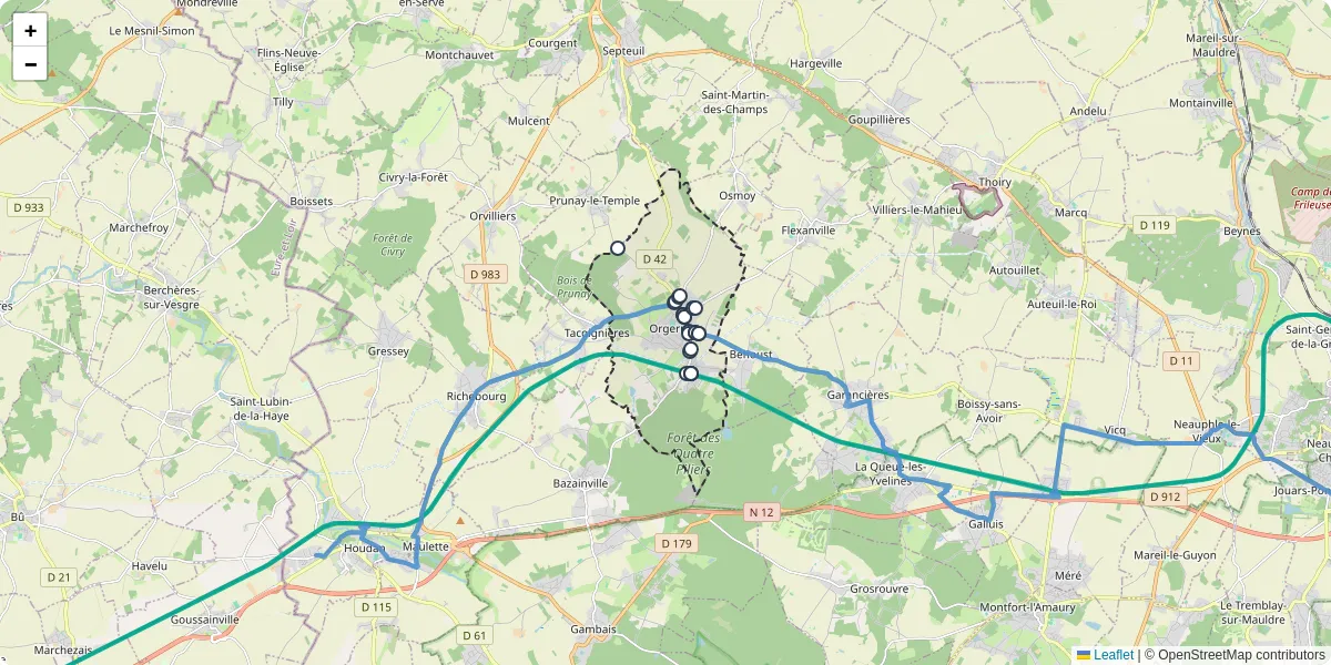 Carte du réseau de transport en commun à Orgerus - lignes de bus et arrêts
