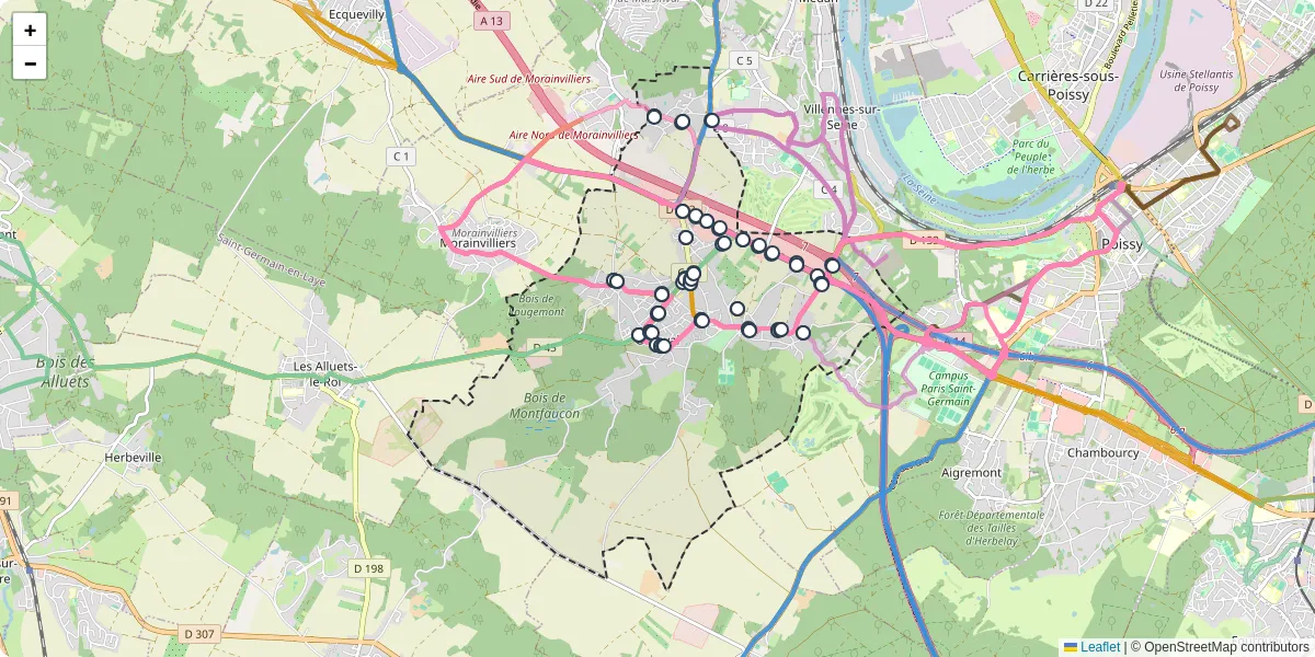 Carte du réseau de transport en commun à Orgeval - lignes de bus et arrêts