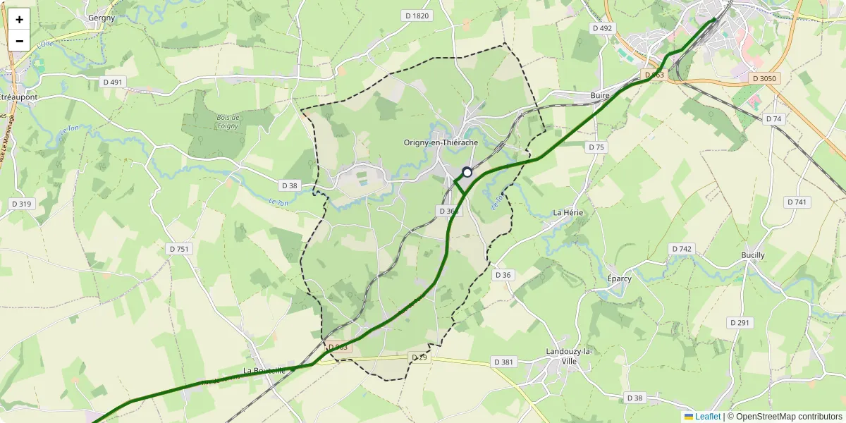 Carte du réseau de transport en commun à Origny-en-Thiérache - lignes de bus et arrêts