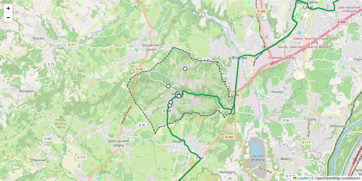 Carte du réseau de transport en commun à Orliénas - lignes de bus et arrêts