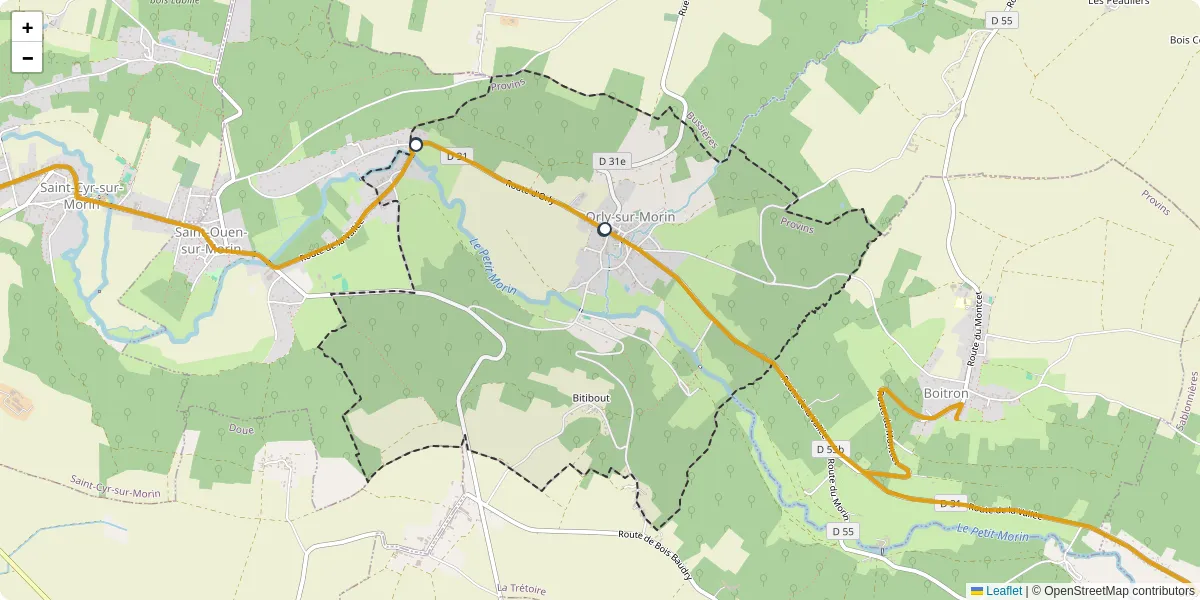 Carte du réseau de transport en commun à Orly-sur-Morin - lignes de bus et arrêts