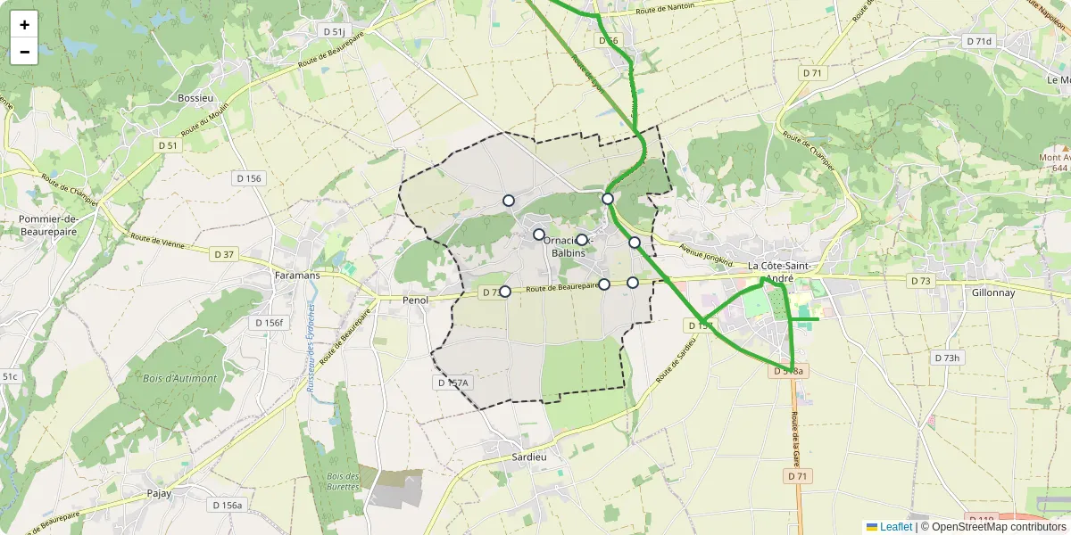 Carte du réseau de transport en commun à Ornacieux-Balbins - lignes de bus et arrêts
