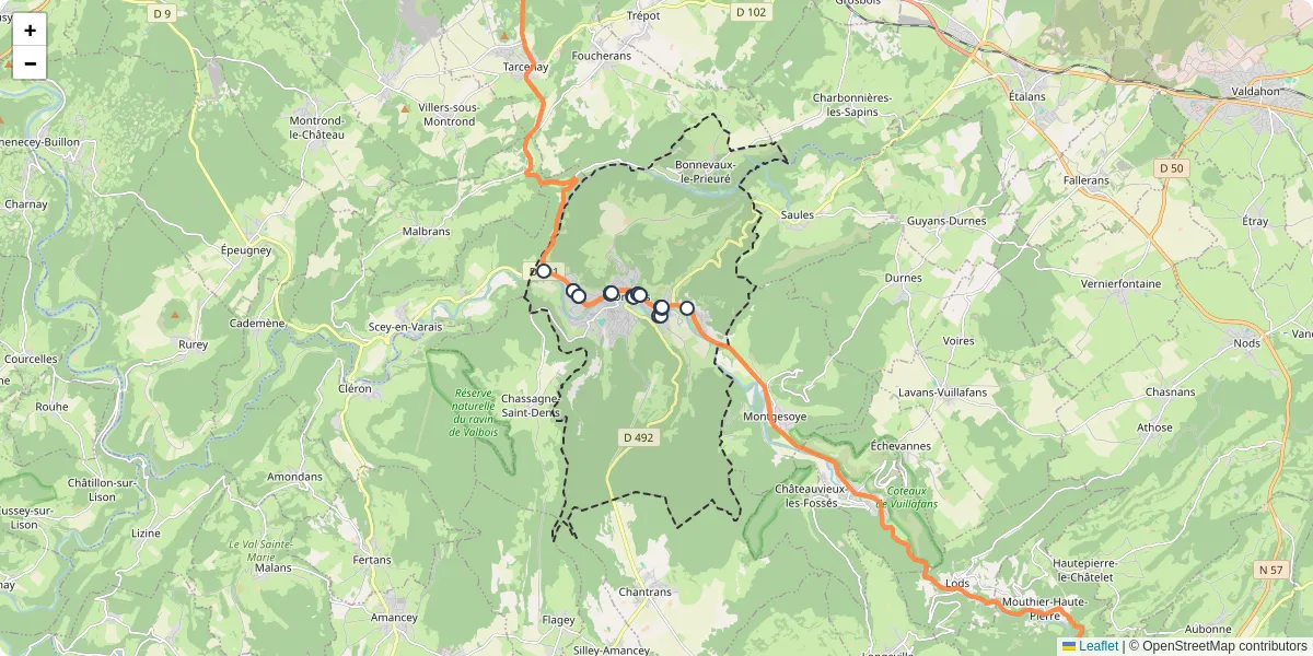 Carte du réseau de transport en commun à Ornans - lignes de bus et arrêts