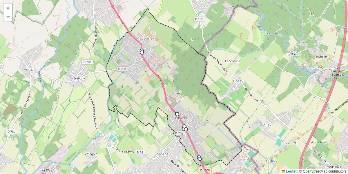 Carte du réseau de transport en commun à Ornex - lignes de bus et arrêts