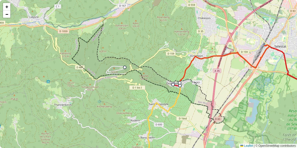 Carte du réseau de transport en commun à Orschwiller - lignes de bus et arrêts
