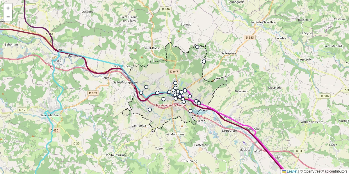 Carte du réseau de transport en commun à Orthez - lignes de bus et arrêts