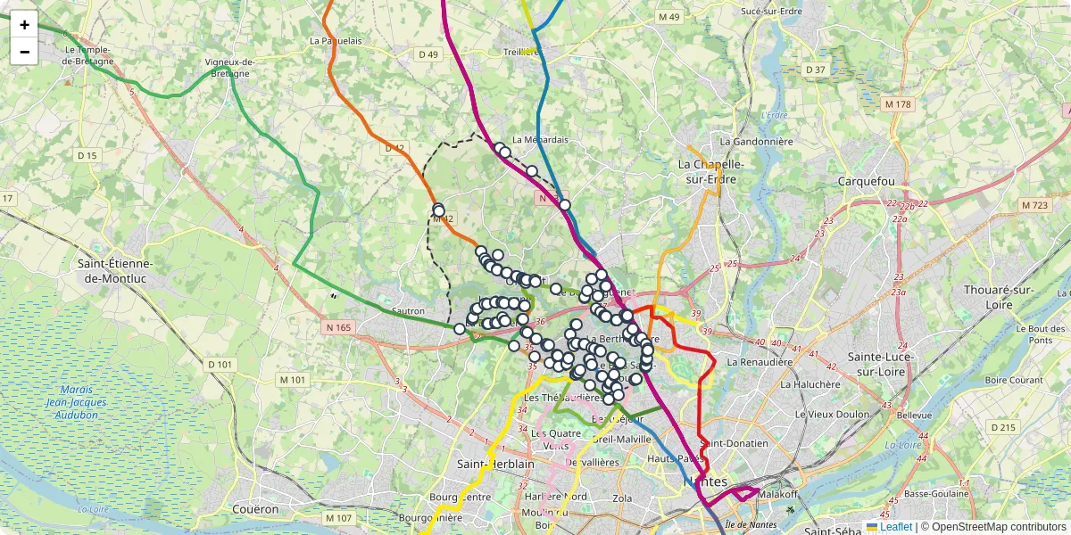 Carte du réseau de transport en commun à Orvault - lignes de bus et arrêts