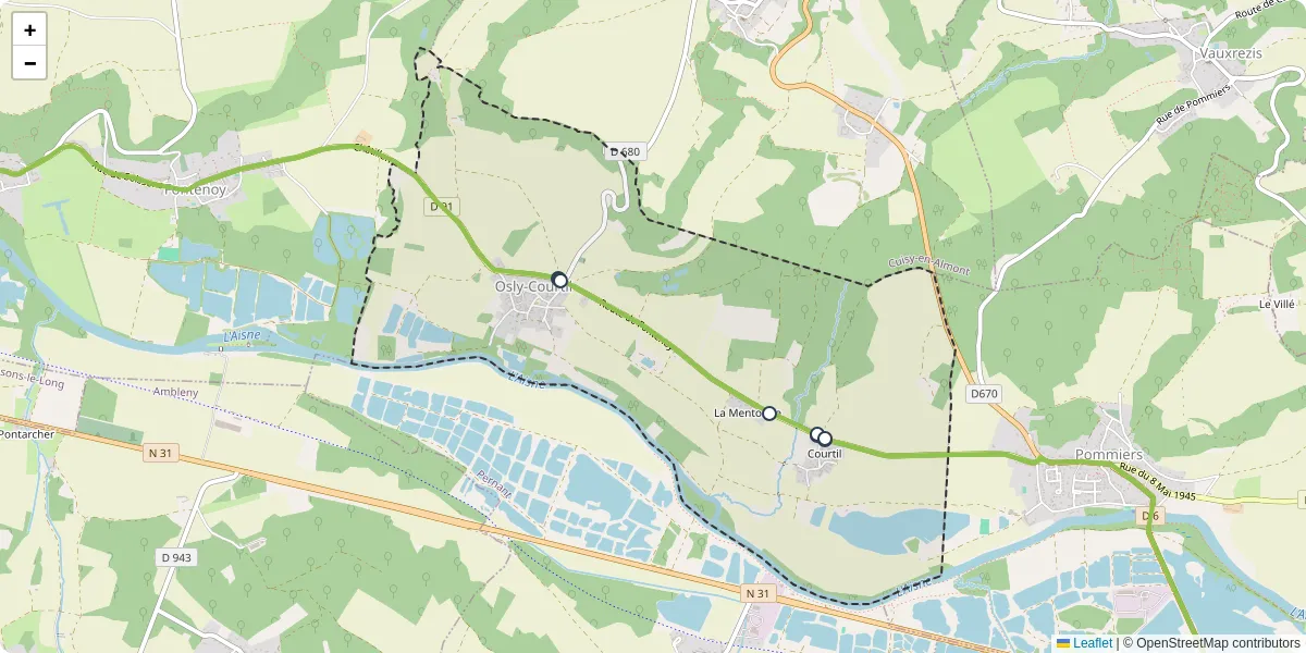Carte du réseau de transport en commun à Osly-Courtil - lignes de bus et arrêts