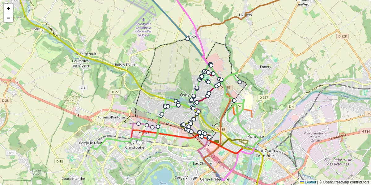 Carte du réseau de transport en commun à Osny - lignes de bus et arrêts