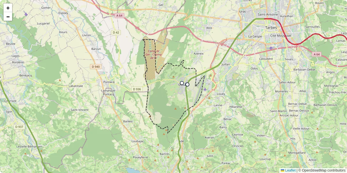 Carte du réseau de transport en commun à Ossun - lignes de bus et arrêts