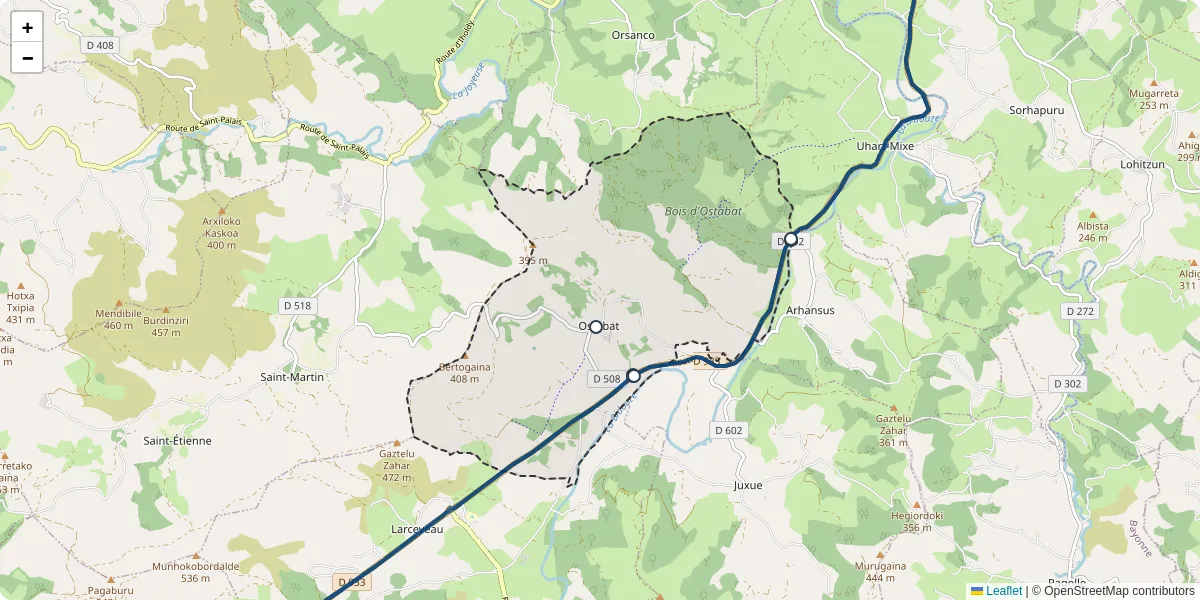 Carte du réseau de transport en commun à Ostabat-Asme - lignes de bus et arrêts