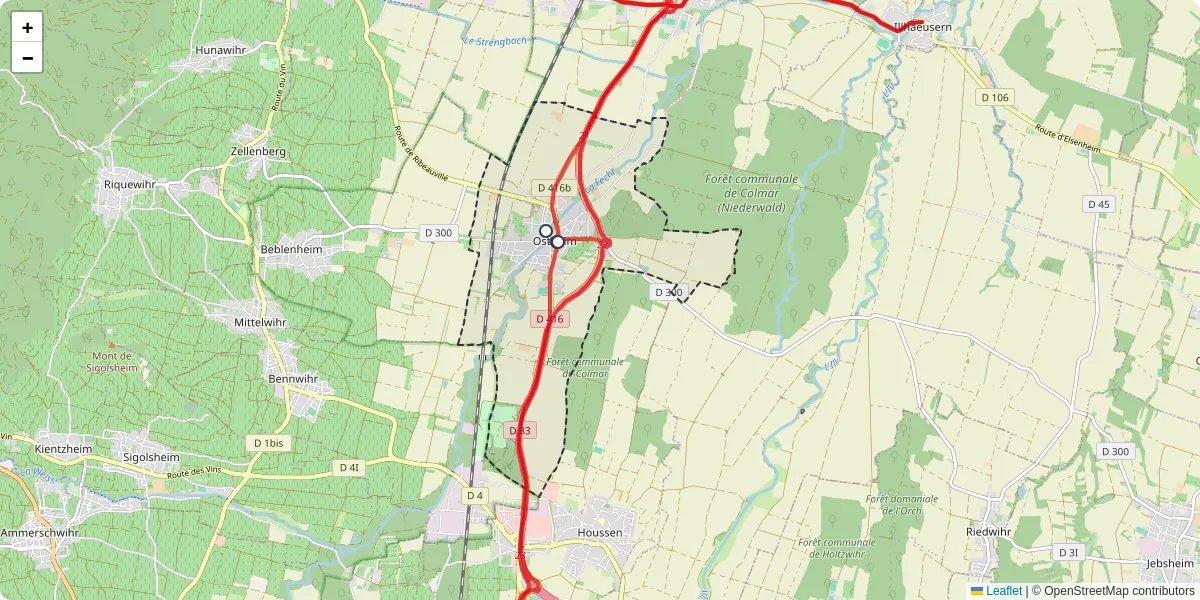 Carte du réseau de transport en commun à Ostheim - lignes de bus et arrêts