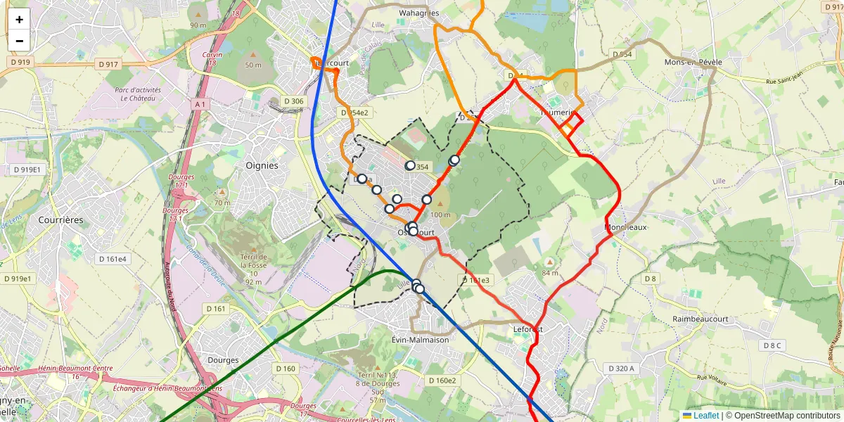 Carte du réseau de transport en commun à Ostricourt - lignes de bus et arrêts