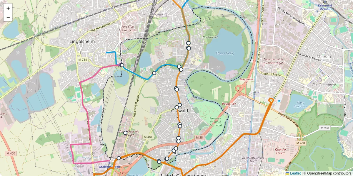 Carte du réseau de transport en commun à Ostwald - lignes de bus et arrêts