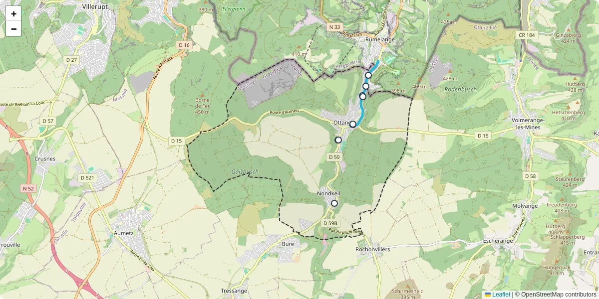 Carte du réseau de transport en commun à Ottange - lignes de bus et arrêts