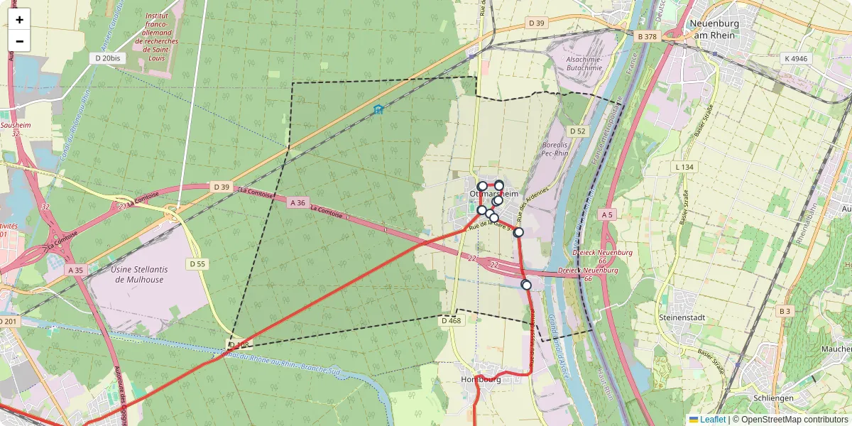 Carte du réseau de transport en commun à Ottmarsheim - lignes de bus et arrêts