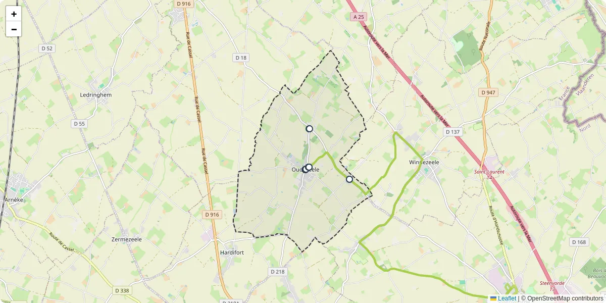 Carte du réseau de transport en commun à Oudezeele - lignes de bus et arrêts