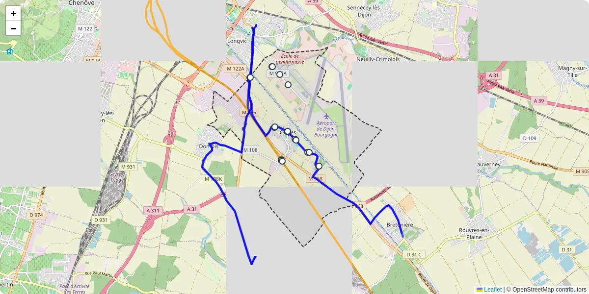 Carte du réseau de transport en commun à Ouges - lignes de bus et arrêts