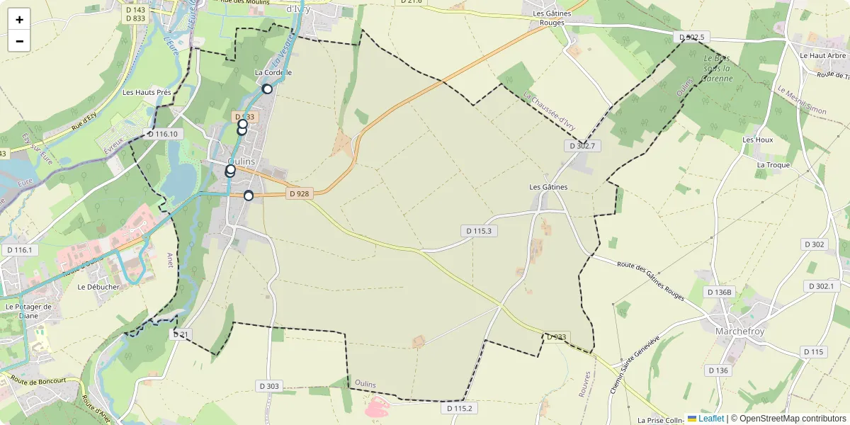 Carte du réseau de transport en commun à Oulins - lignes de bus et arrêts
