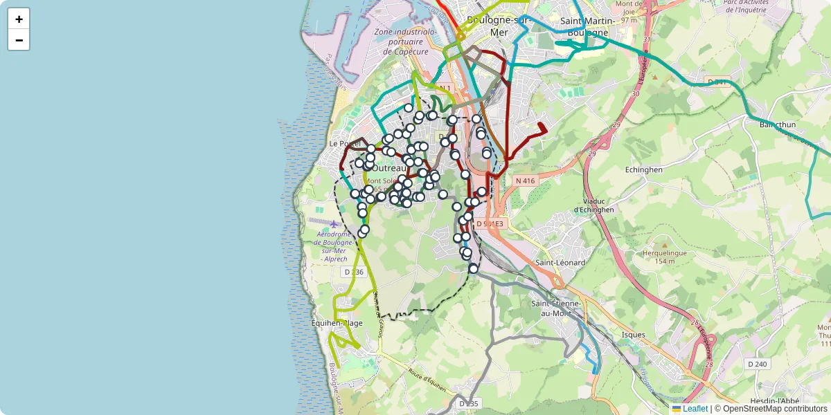 Carte du réseau de transport en commun à Outreau - lignes de bus et arrêts