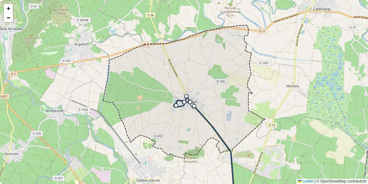 Carte du réseau de transport en commun à Ouveillan - lignes de bus et arrêts