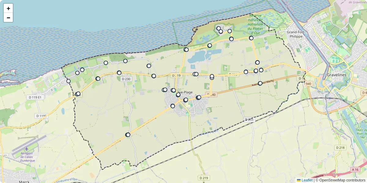 Carte du réseau de transport en commun à Oye-Plage - lignes de bus et arrêts