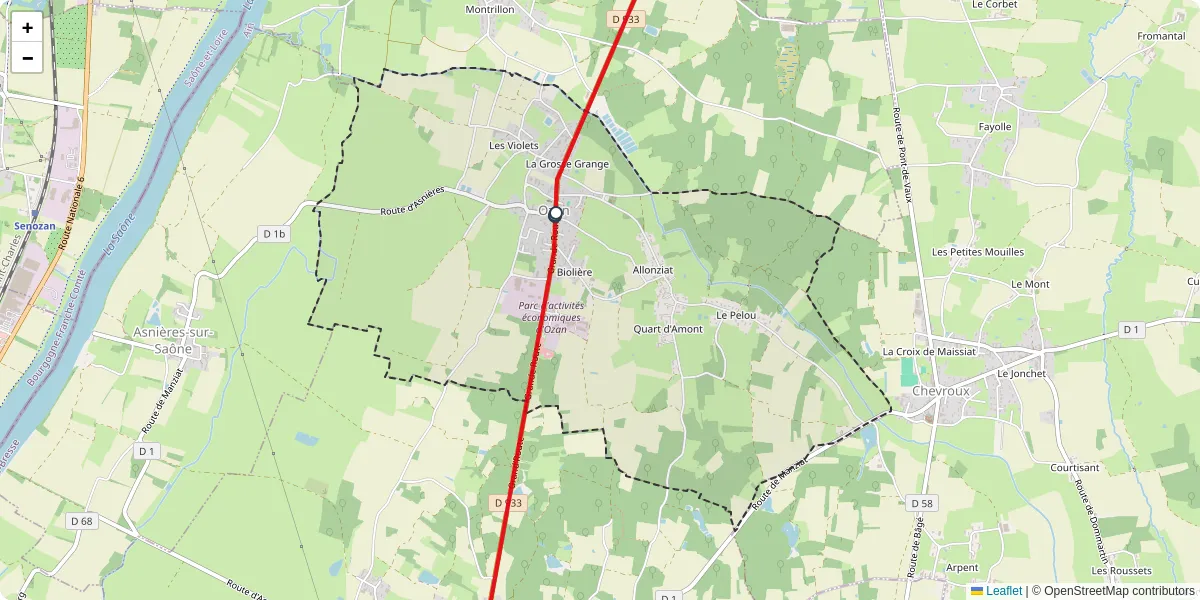 Carte du réseau de transport en commun à Ozan - lignes de bus et arrêts