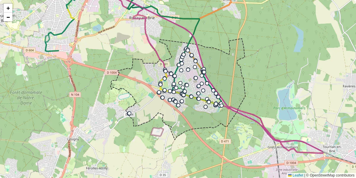 Carte du réseau de transport en commun à Ozoir-la-Ferrière - lignes de bus et arrêts