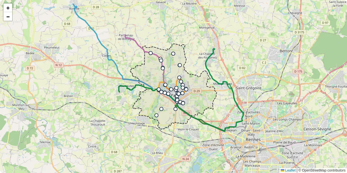 Carte du réseau de transport en commun à Pacé - lignes de bus et arrêts