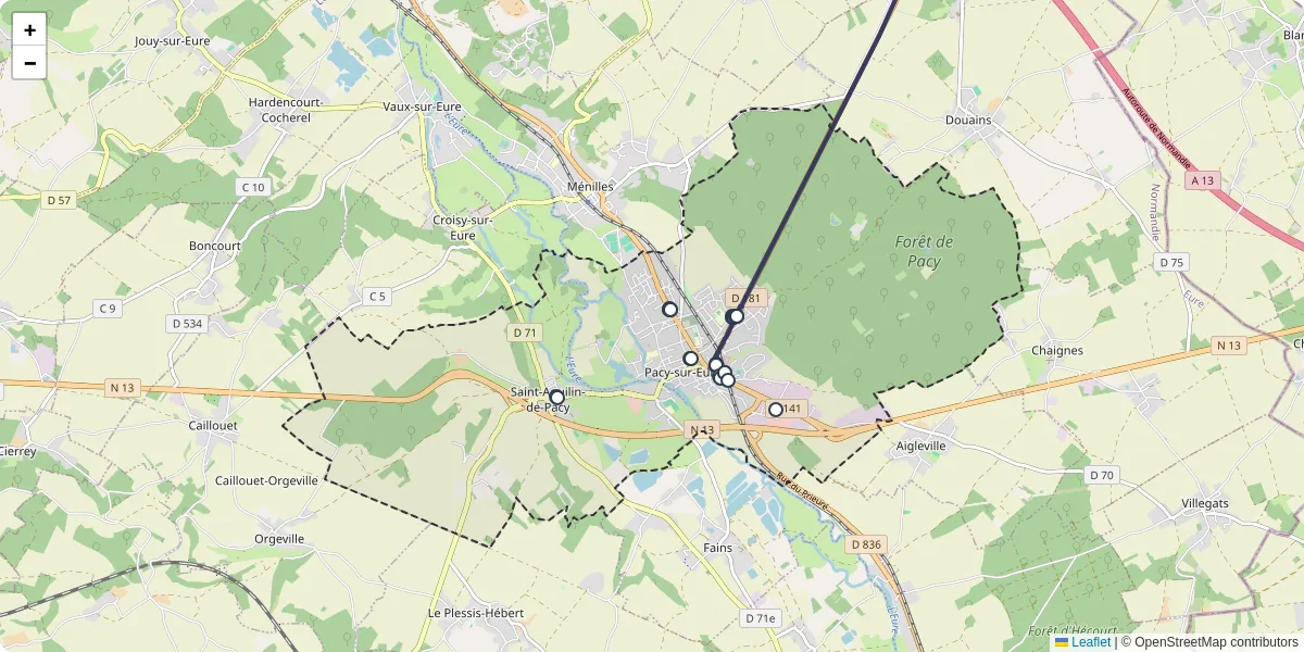Carte du réseau de transport en commun à Pacy-sur-Eure - lignes de bus et arrêts