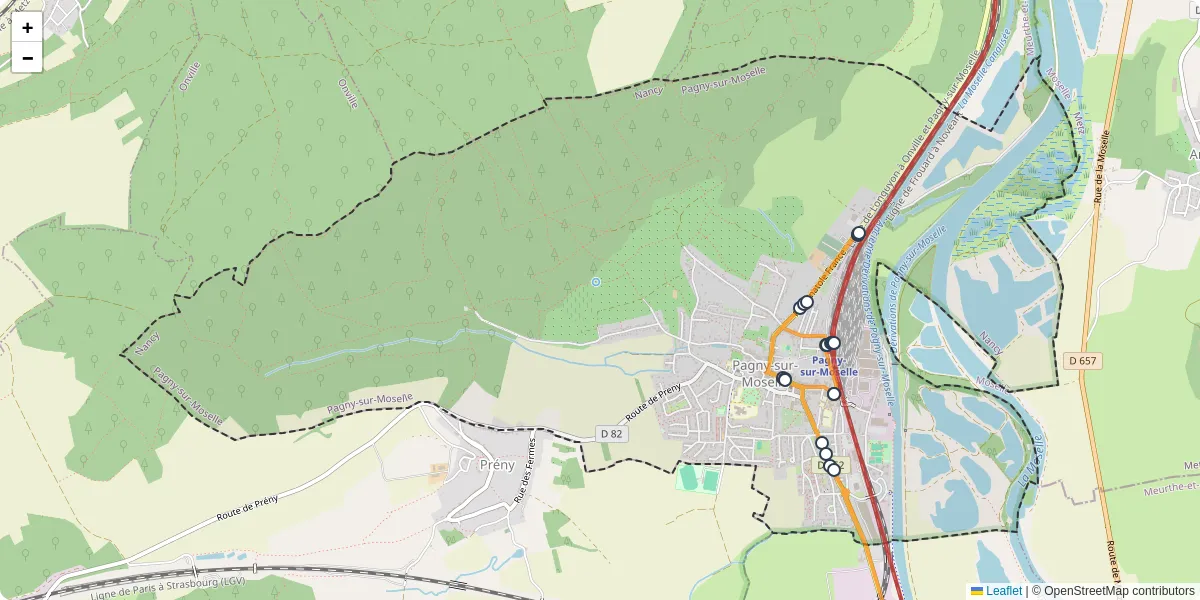 Carte du réseau de transport en commun à Pagny-sur-Moselle - lignes de bus et arrêts