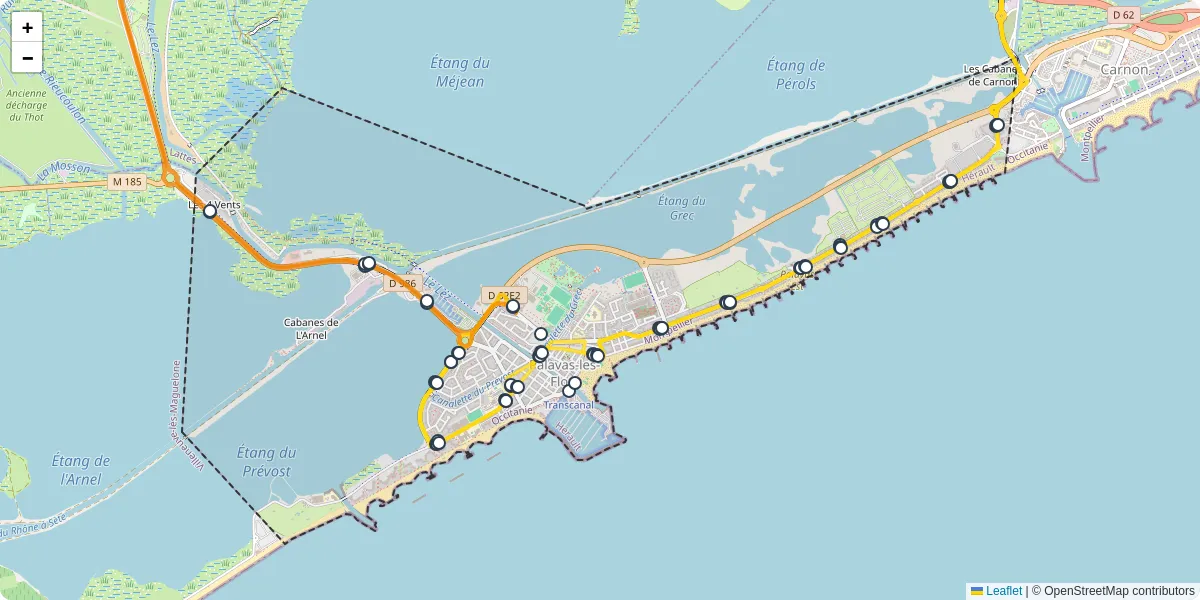 Carte du réseau de transport en commun à Palavas-les-Flots - lignes de bus et arrêts