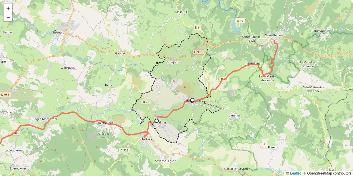Carte du réseau de transport en commun à Palmas d'Aveyron - lignes de bus et arrêts