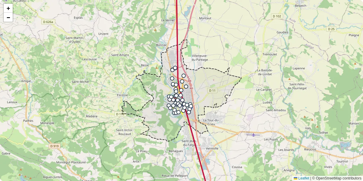 Carte du réseau de transport en commun à Pamiers - lignes de bus et arrêts