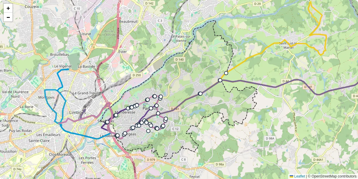 Carte du réseau de transport en commun à Panazol - lignes de bus et arrêts