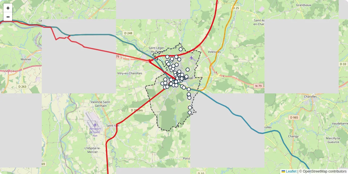Carte du réseau de transport en commun à Paray-le-Monial - lignes de bus et arrêts