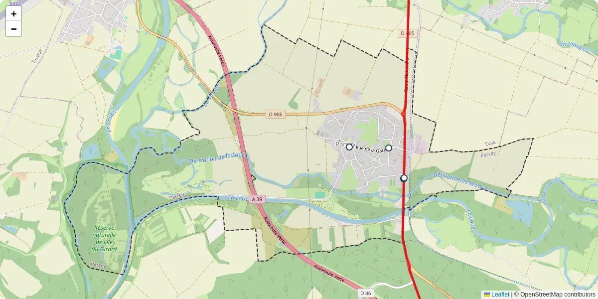 Carte du réseau de transport en commun à Parcey - lignes de bus et arrêts