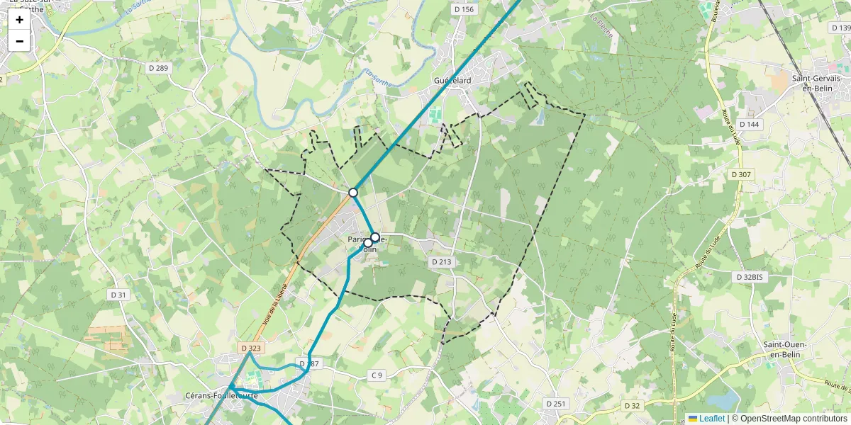 Carte du réseau de transport en commun à Parigné-le-Pôlin - lignes de bus et arrêts