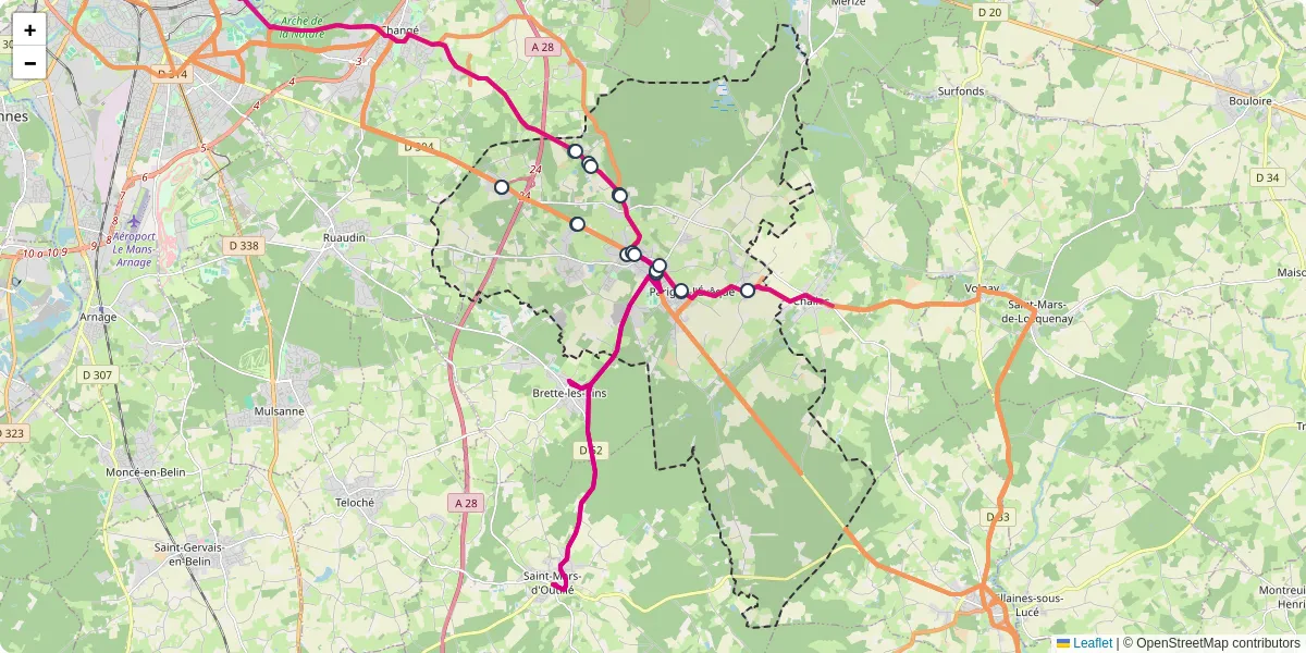 Carte du réseau de transport en commun à Parigné-l'Évêque - lignes de bus et arrêts