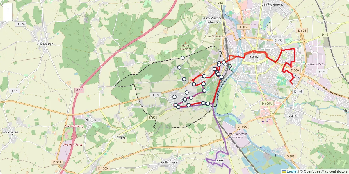 Carte du réseau de transport en commun à Paron - lignes de bus et arrêts