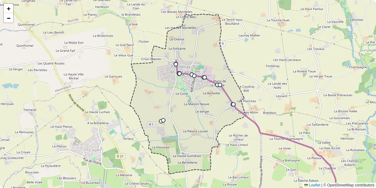 Carte du réseau de transport en commun à Parthenay-de-Bretagne - lignes de bus et arrêts