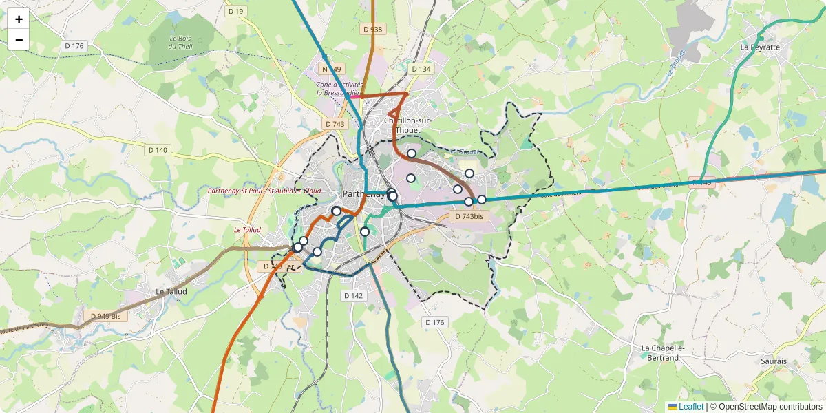 Carte du réseau de transport en commun à Parthenay - lignes de bus et arrêts