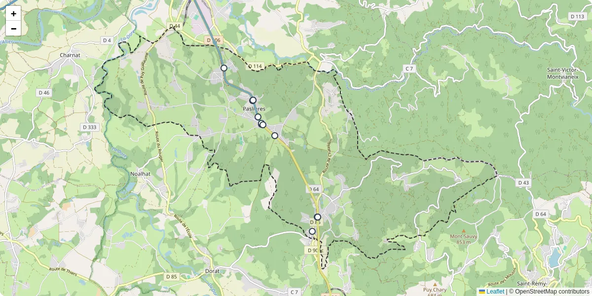 Carte du réseau de transport en commun à Paslières - lignes de bus et arrêts